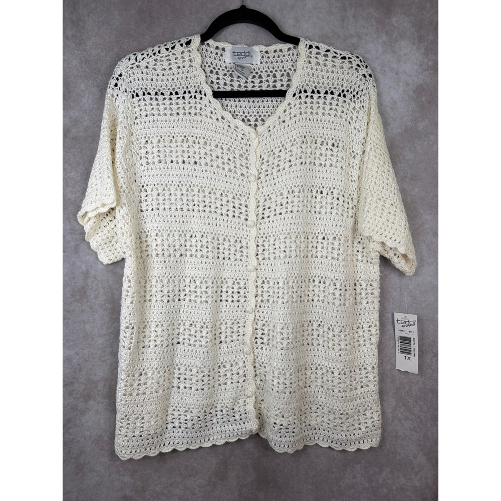 NWT VTG 90s Teddi Cardigan Women 1X White Crochet Open Knit Boho Fedtival